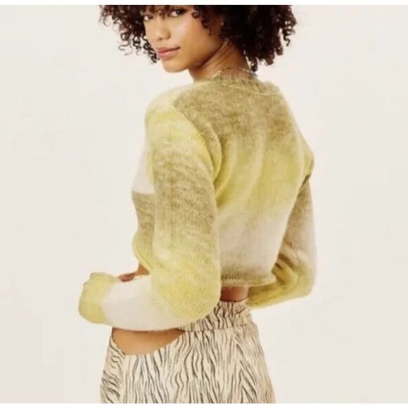 For Love & Lemons Celeste Twist Front Crop Sweater Yellow Green Cozy NWT Size S - Picture 2 of 11